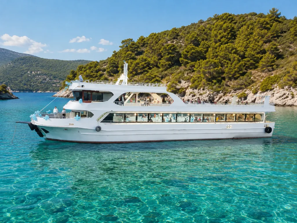 Mavi tur için deniz ortasında demirlemiş lüks kiralık tekne
